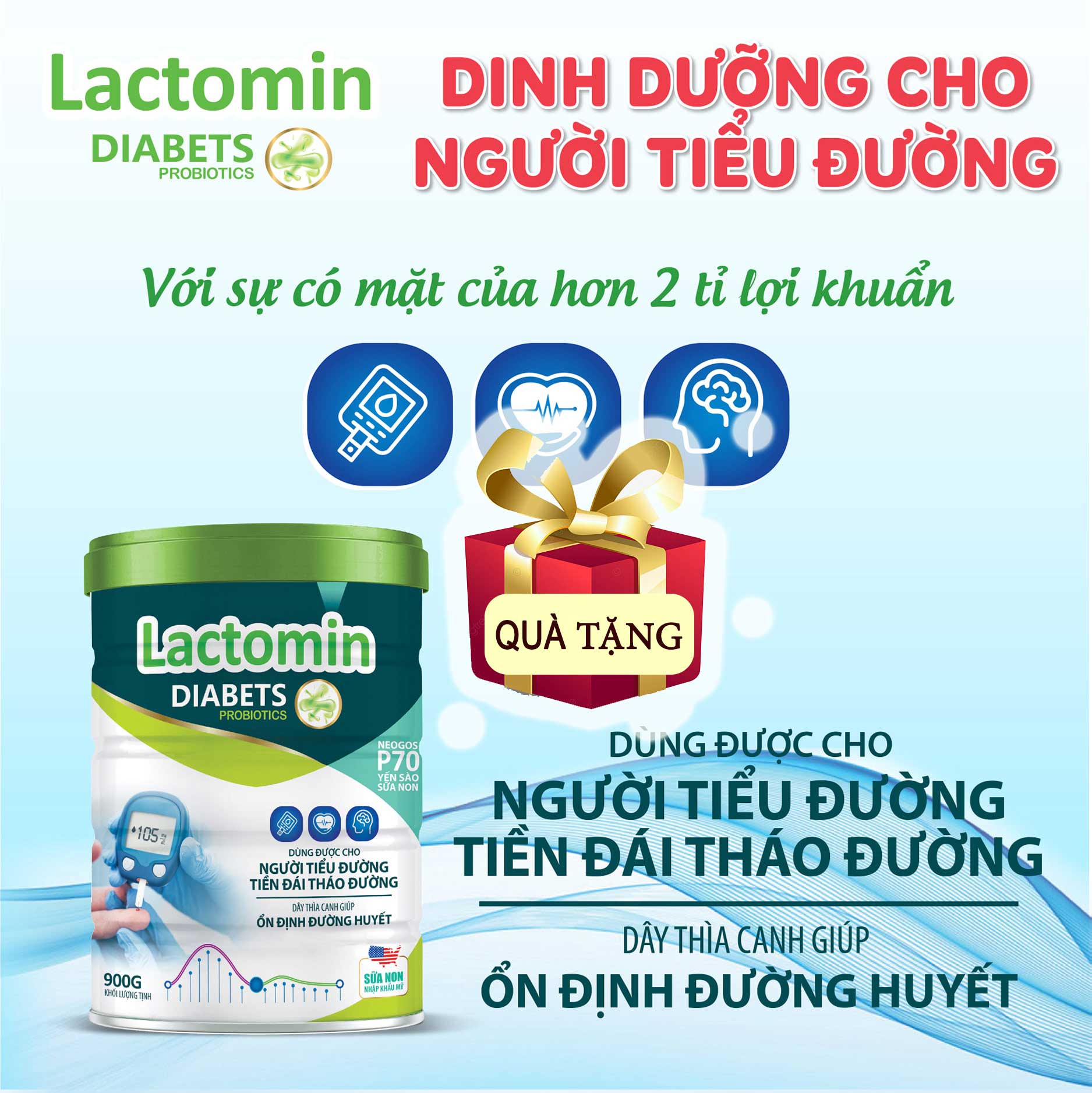 Sữa Mát cho người tiểu đường Lactomin Diabets 900g- Dễ tiêu hóa