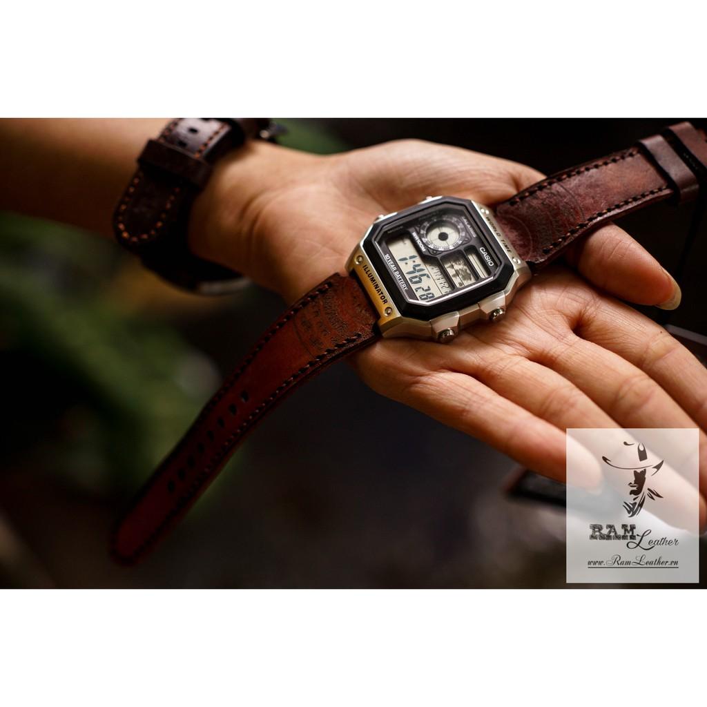 DÂY ĐỒNG HỒ TRỐNG ĐỒNG CASIO AE1200/SEIKO5 DA BÒ THẬT LIGHT BROWN