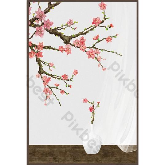 Tranh dán tường Tranh bình hoa đào vẽ tay phong phú, tranh dán tường 3d hiện đại MS1268072