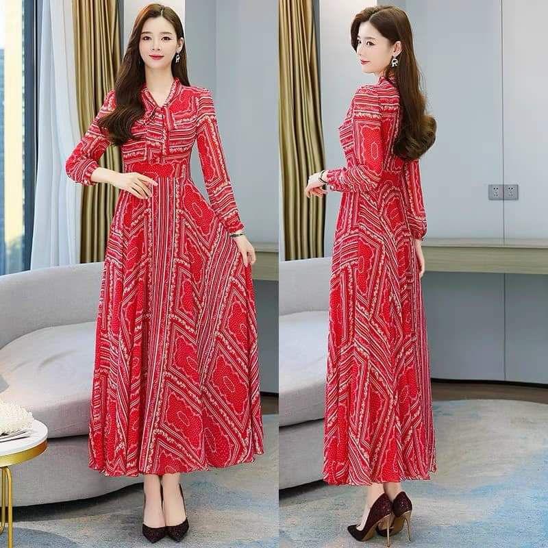 HÀNG NHẬP - ĐẦM MAXI VOAN ĐỎ CỘT NƠ TAY DÀI