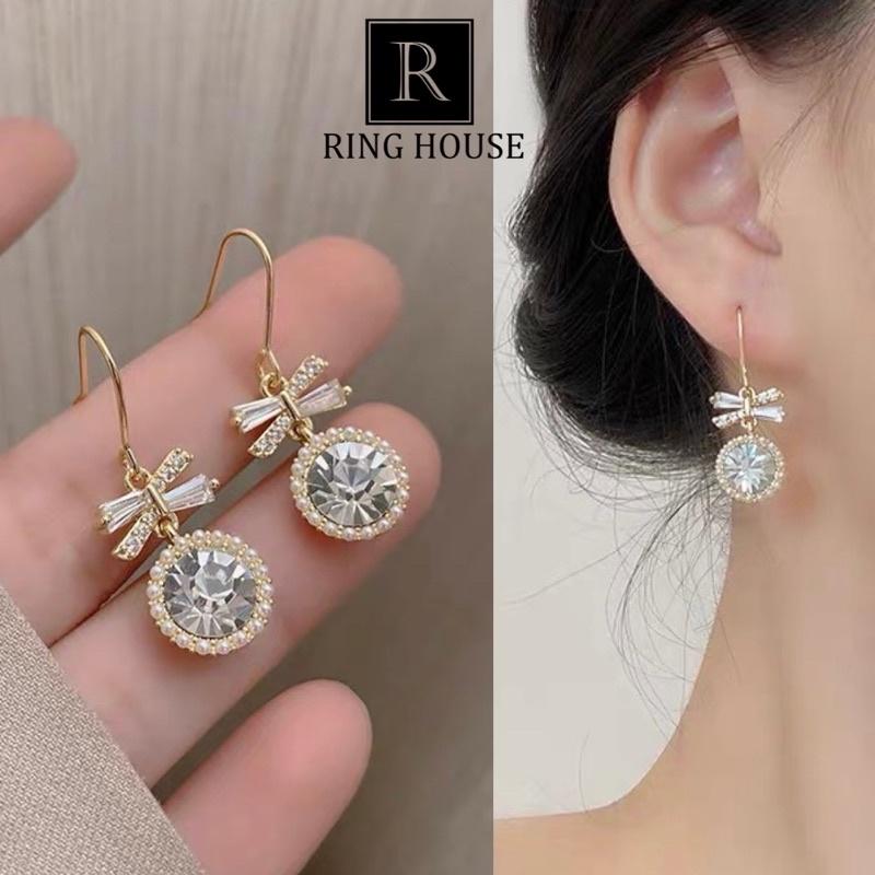 Bông tai khuyên tai nữ nơ thả tròn ngọc trắng sáng Ring House