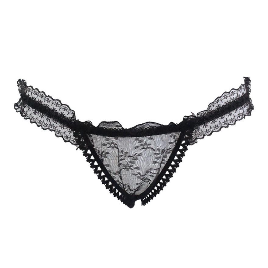 Quần lót hở mông thêu ren trong suốt - Đen