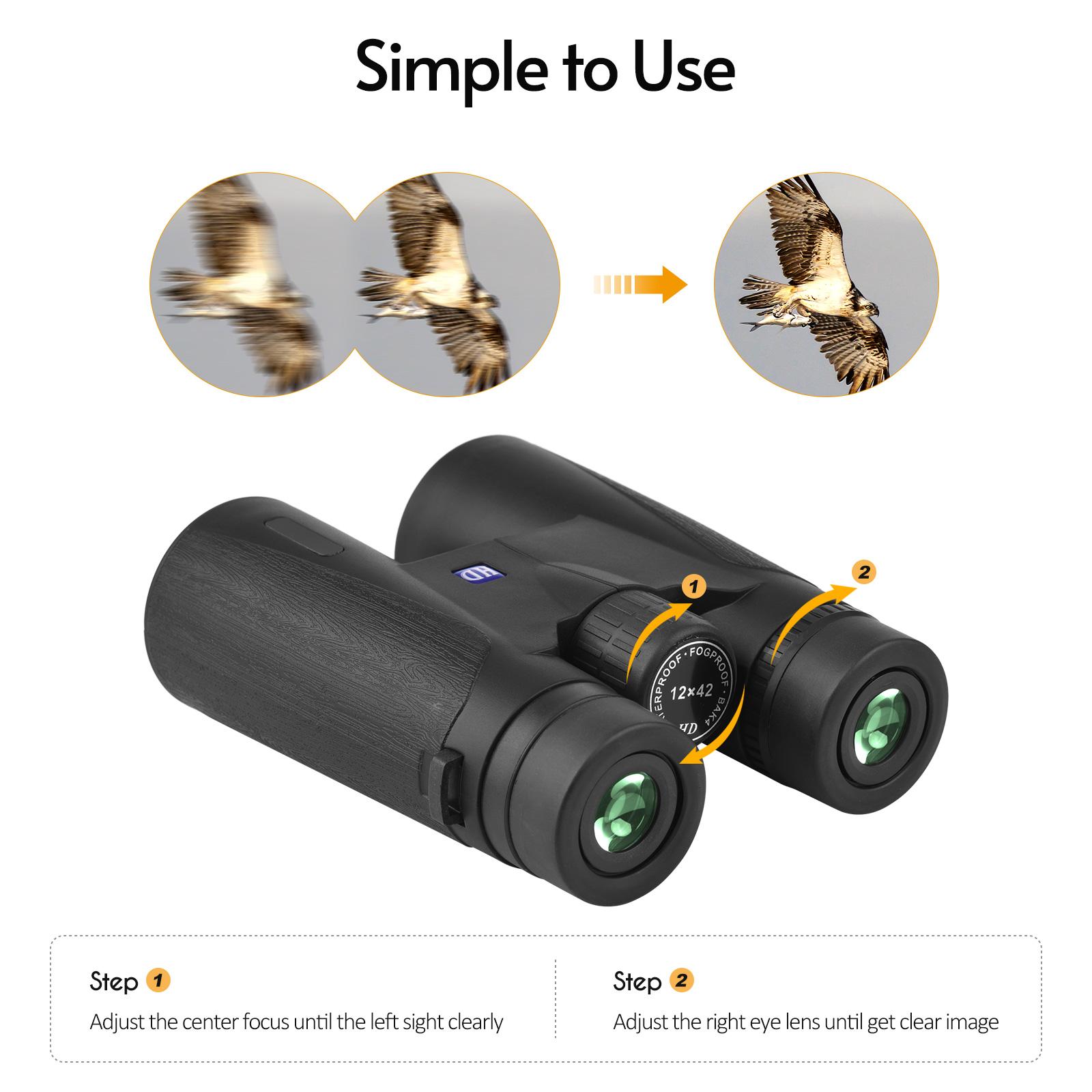 12X42 HD Binoculars Telescope Waterproof with Carry Bag Phone Clip Cleaning Cloth for Concert Sports Bird Animal Viewing