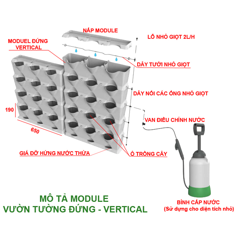 1m2 Module Trồng Cây Đứng Chung Cư Minigarden Vetical (8 Sets Module xếp chồng lên nhau), kèm Hệ Thống Tưới Nhỏ Giọt và tự bón phân bán tự động giúp cây trên tường đứng sống tốt, phát triển bền vững