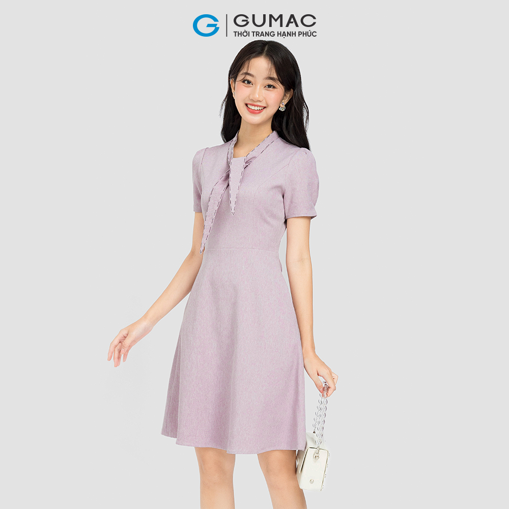 Đầm phối chỉ thắt nơ GUMAC DC08038 form A màu tím