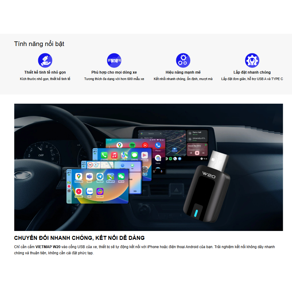 VIETMAP W20 THIẾT BỊ CHUYỂN ĐỔI CARPLAY/ ANDROID AUTO KHÔNG DÂY - HÀNG CHÍNH HÃNG
