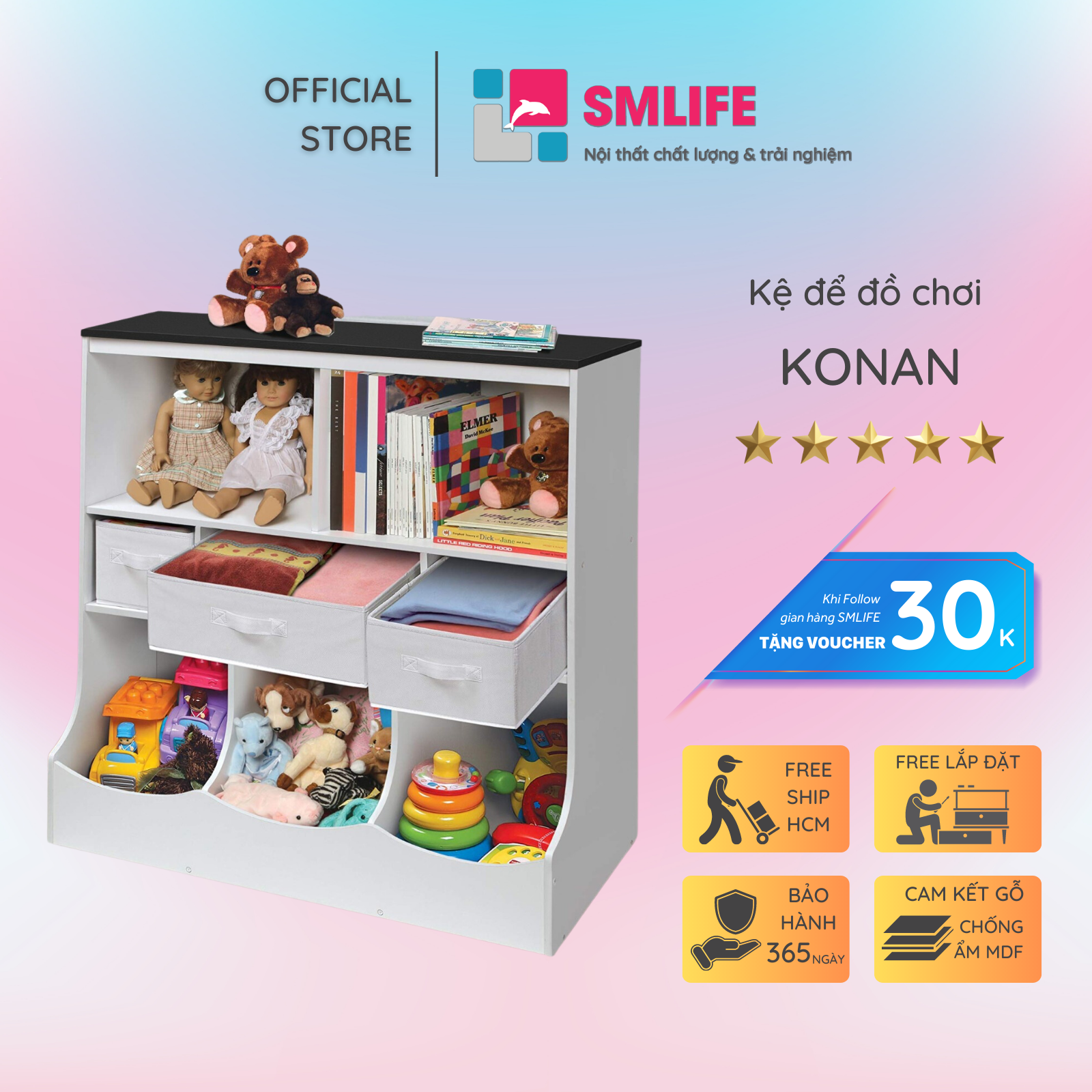 Kệ để đồ chơi cho bé SMLIFE Konan | Gỗ MDF dày 17mm chống ẩm | D100xR40xC100cm