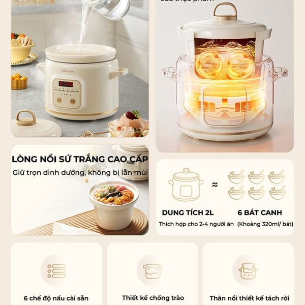 Nồi Nấu Chậm 2L Bear DDG-E20M1 (SC-4H20Q) | 175W - Lòng Gốm Sứ - 6 Chế Độ Tích Hợp -  Hàng Chính Hãng