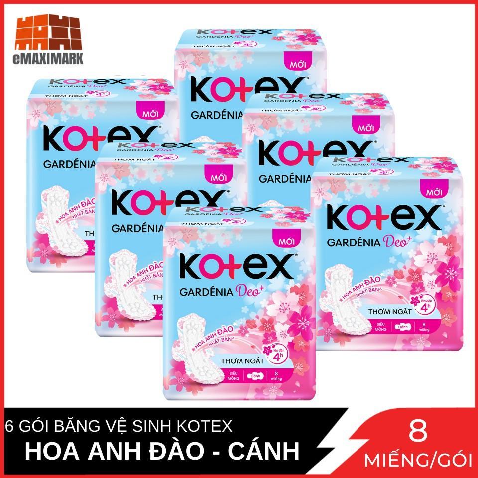 Combo 6 Gói Băng Vệ Sinh Kotex Hoa Anh Đào mặt bông Cánh 23cm 8 miếng x6