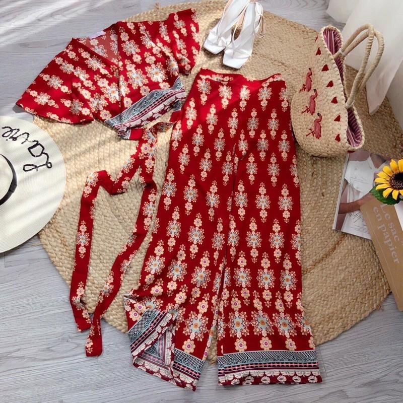 S85 Sét áo croptop đắp chéo và quần ống rộng hoạ tiết thổ cẩm