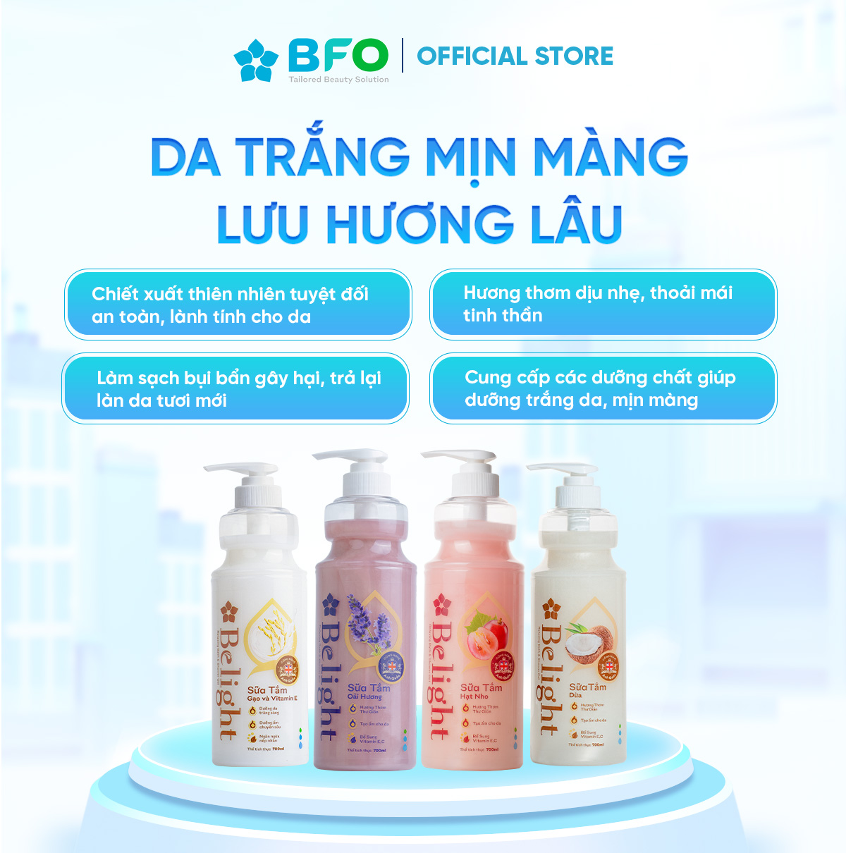 Sữa Tắm Lưu Hương Dưỡng Trắng Dưỡng Ẩm Belight Dưỡng Da Mềm Mịn Chiết Xuất Thiên Nhiên 700ml