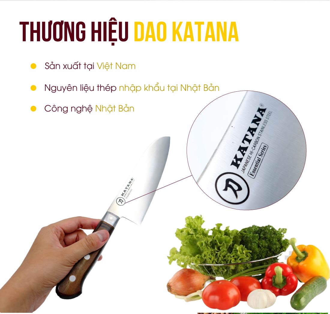 Dao thái đa năng KATANA Essential Santoku KATA-201 cán gỗ, thép không gỉ, độ sắc cao - dao bếp KATANA cao cấp thương hiệu Việt Nam