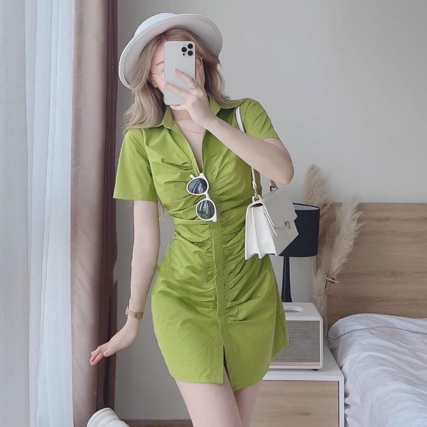 Đầm sơ mi nữ thời trang thiết kế nhún eo cài nút