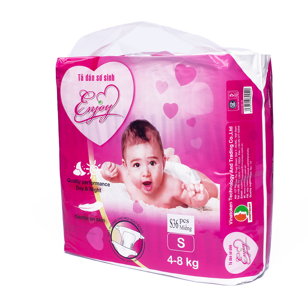 Tã dán sơ sinh Enjoy size S, M, L cho bé từ 4-25kg, mềm mại, thấm hút, chuẩn chất lượng Châu Âu