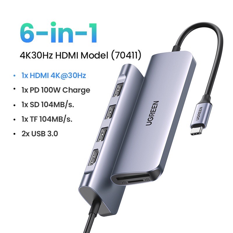Bộ chuyển đổi USB Type C sang HDMI, USB 3.0, đọc thẻ SD/TF, hỗ trợ sạc PD Ugreen 70411 hàng chính hãng