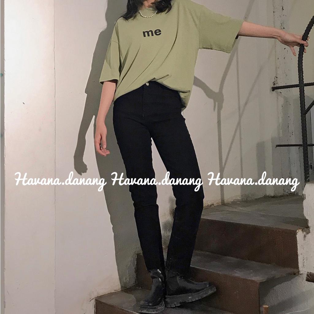 Quần jeans đen ống đứng suông dài, jeans lưng cao co giãn