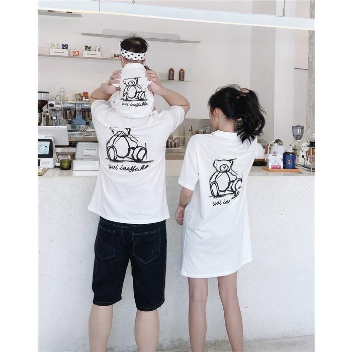 Áo gia đình cổ trụ Familylove - Đồng phục gia đình họa tiết gấu hai mặt chất liệu cotton 100 % co giãn mềm mịn