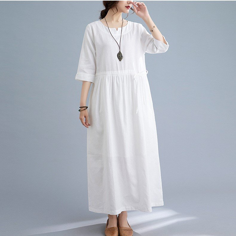 Đầm trắng linen công sở dáng maxi, họa tiết trơn basic, thiết kế tay lỡ xinh CS78