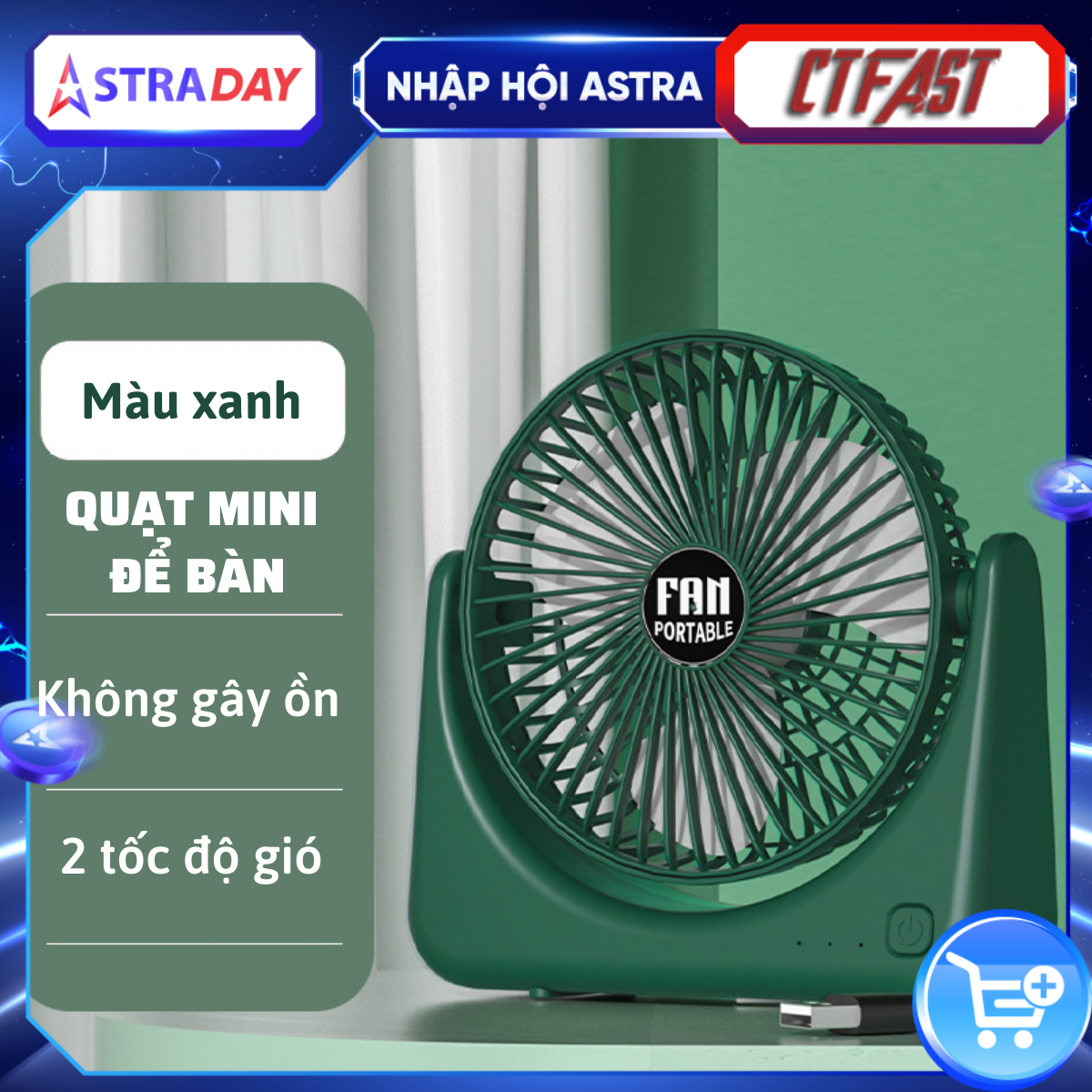 Quạt tích điện để bàn CTFAST F101, quạt mini văn phòng không gây ồn, 3 tốc độ gió, điều chỉnh 270 độ, tặng kèm sticker trang trí, sạc USB - Hàng chính hãng