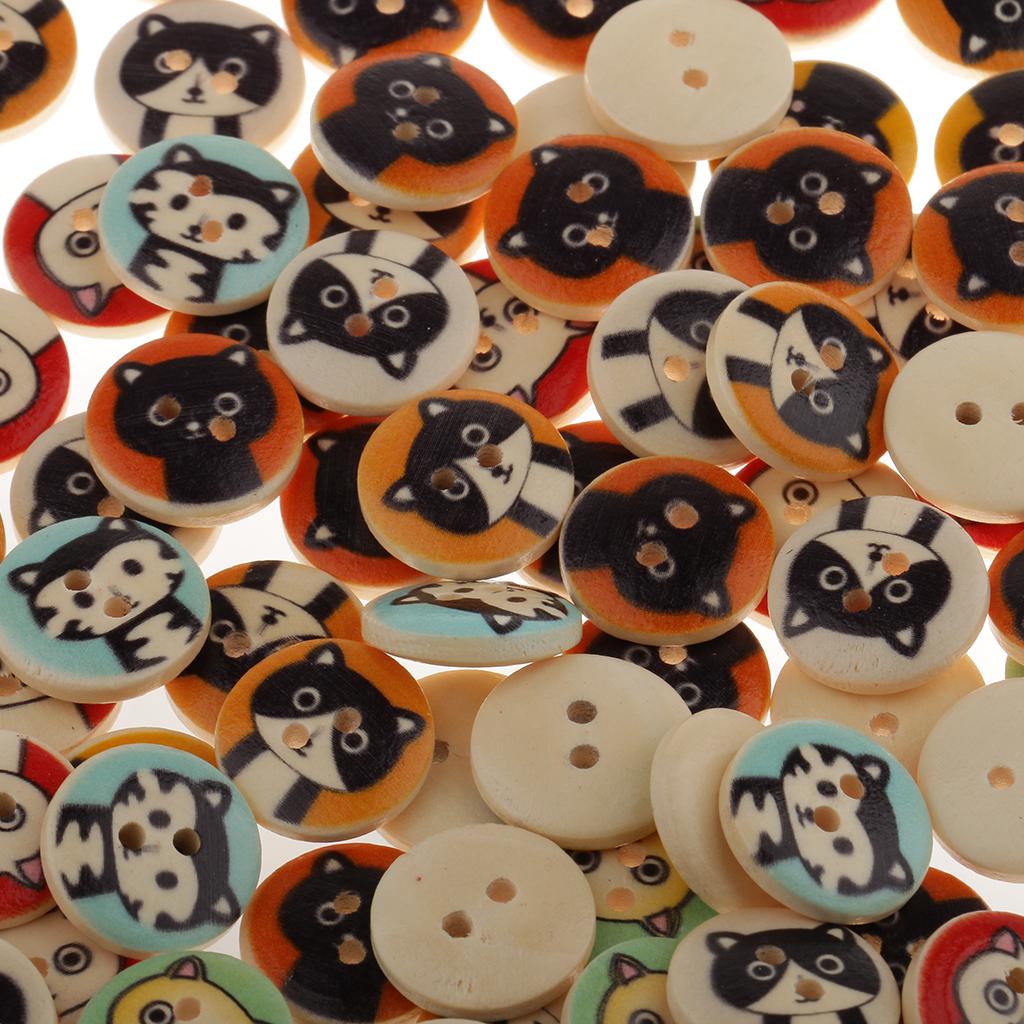 100Pieces Cat Pattern Wooden Round 2 Holes Buttons for Sewing Crafts 15mm