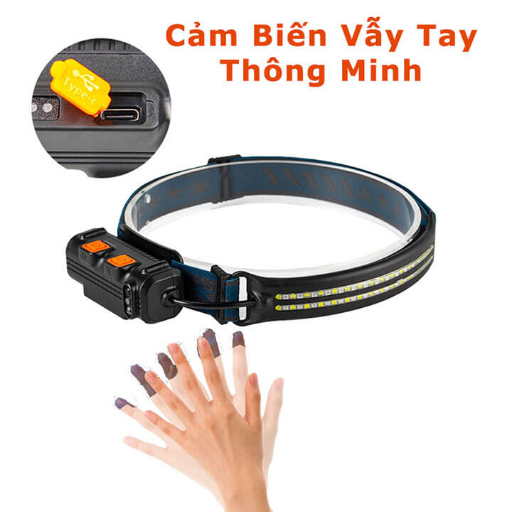 Đèn pin đội đầu siêu sáng 62 Led cảm biến bằng tay, chống nước IPX6, pin trâu, đèn đeo trán pha rộng sạc điện Type-C USB