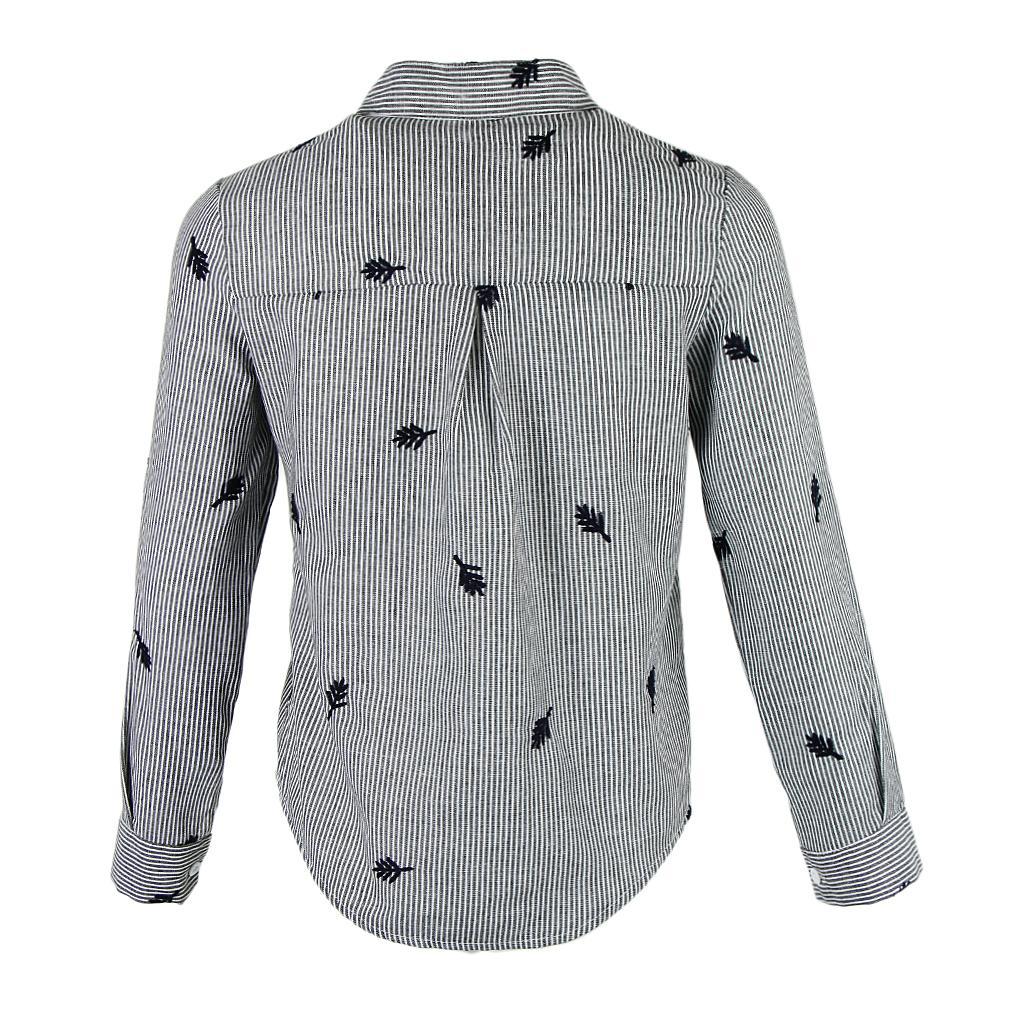 Women Stand Collar Long Sleeve Embroidery Striped Slim Blouse Base Shirt