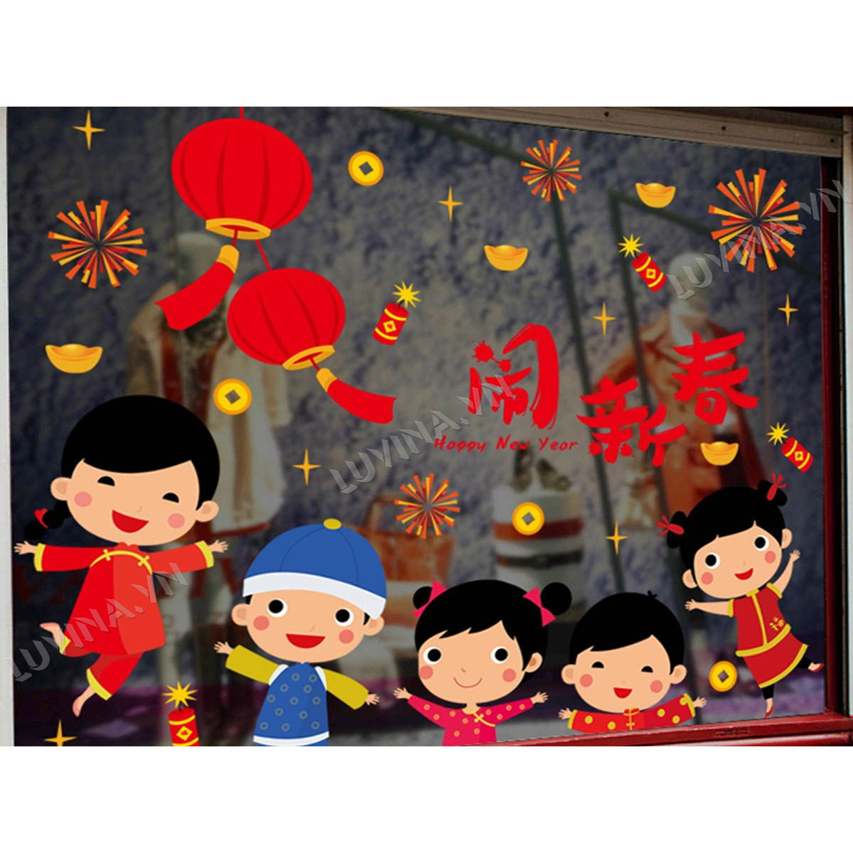 Decal trang trí tết- đèn lồng và các bé