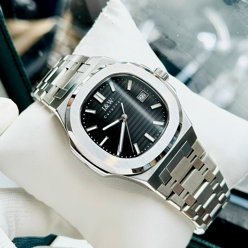 Đồng hồ nam chính hãng I&amp;W Carnival 721G1-T2 kính sapphire,chống xước,chống nước 50m,Bảo hành dài hạn,máy cơ (automatic),mặt đen viền trơn dây thép không gỉ