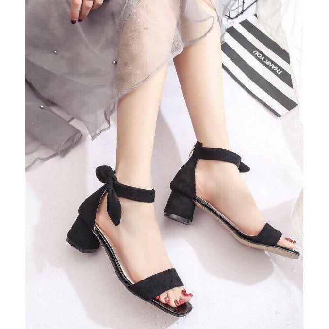 Giày sandal cao gót vuông 5cm quai ngang cổ nơ vải to