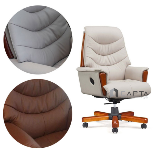Ghế Giám đốc da thật cao cấp màu kem CD7157-L Nội thất Capta Ghế văn phòng dành cho nữ Giám đốc da thật màu kem ốp gỗ ngả lưng nghỉ trưa chân xoay lõi thép ốp gỗ tại HCM