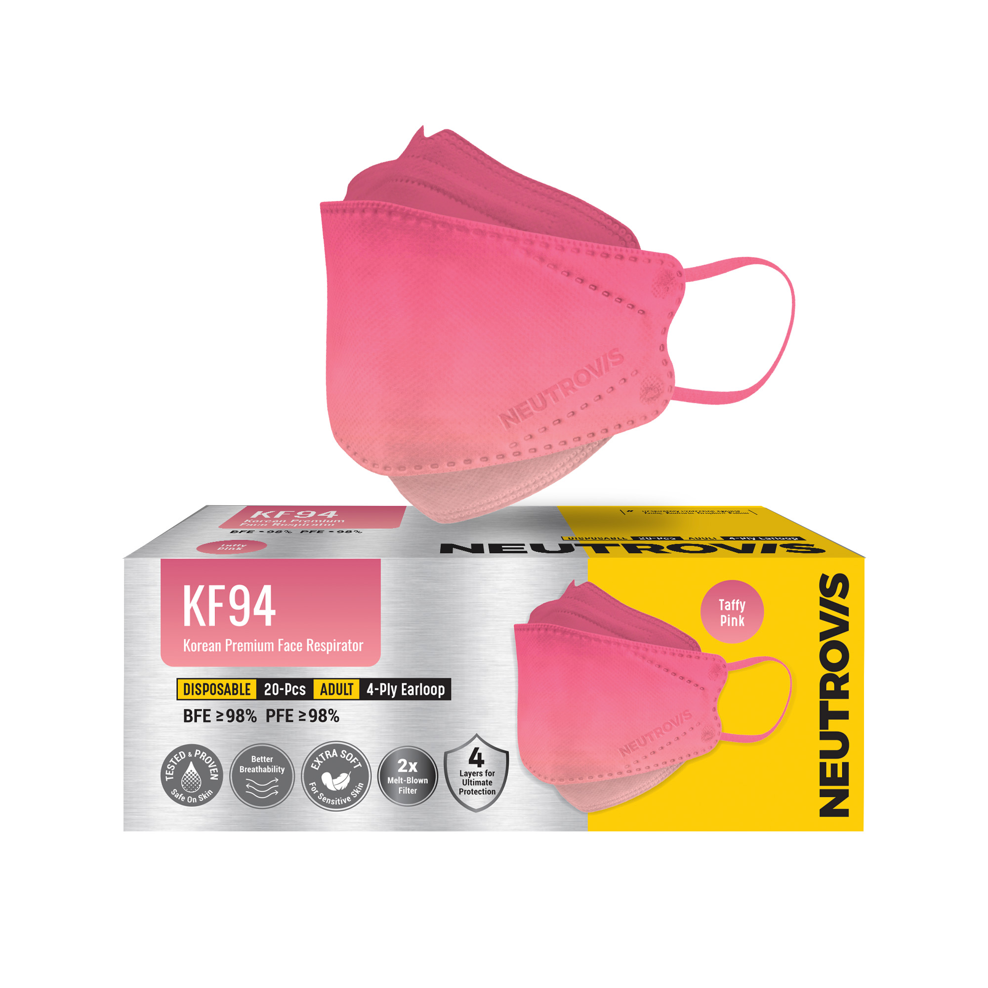 Khẩu Trang Cao Cấp Kháng Khuẩn 4 Lớp KF94 Neutrovis - Hồng Taffy