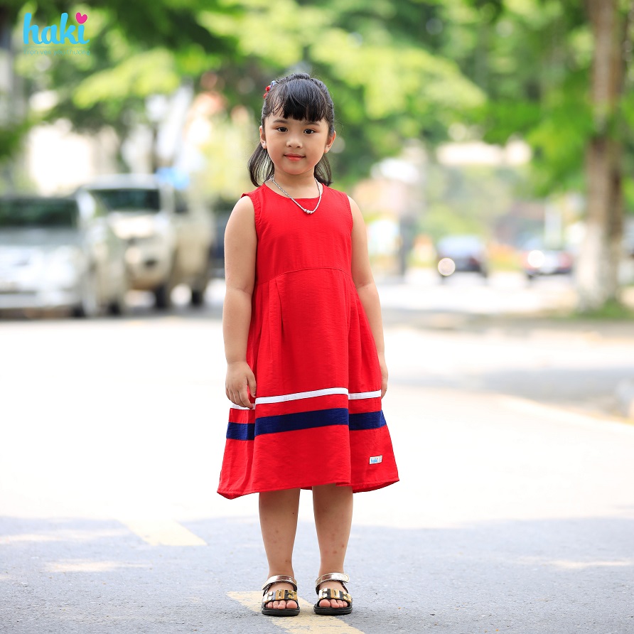 Váy bé gái sát nách, phối đáp 3 màu HK517, đầm thiết kế cho bé gái từ 0-8 tuổi (khoảng 10-27kg), váy hè cho bé Haki, hàng xuất khẩu Canada