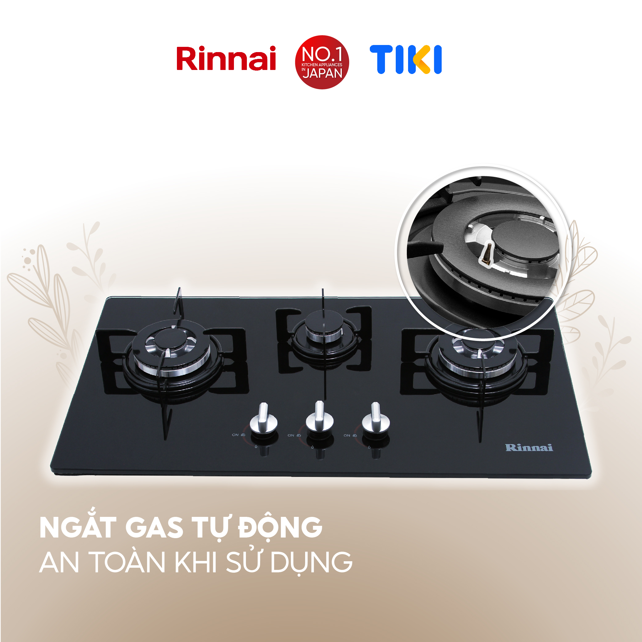 Bếp gas âm Rinnai RVB-312BG mặt bếp kính và kiềng bếp men - Hàng chính hãng.