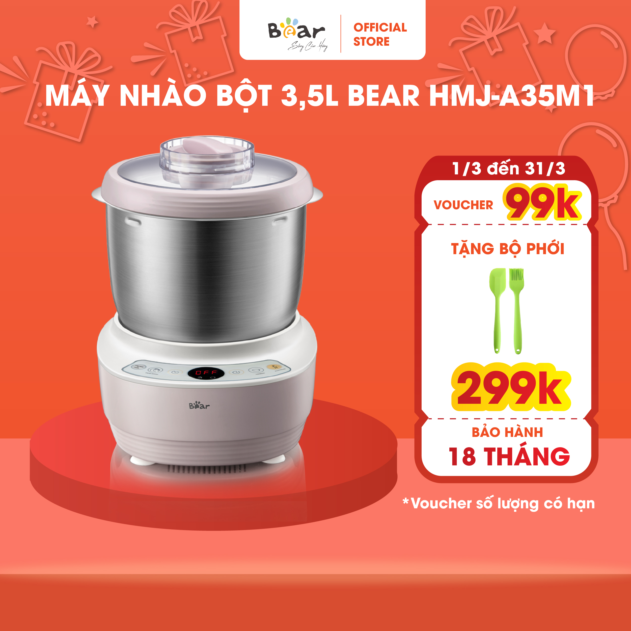 Máy Nhồi Bột, Máy Trộn Bột, Máy Nhào Bột Bear Cao Cấp Dung Tích 3.5L Bear A35M1 TẶNG GIẮC Ổ CẮM 3 CHÂN THÀNH 2 CHÂN - Hàng Chính Hãng