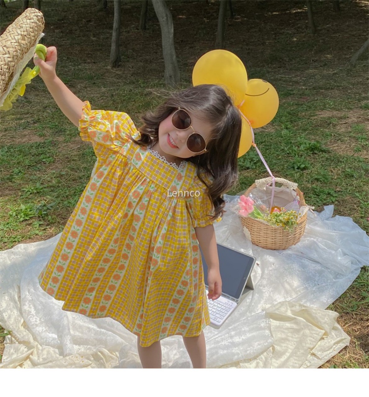 Váy hè bé gái tay bèo 9m-10 tuổi hoa phối kẻ vàng, Đầm babydoll cho bé hàng thiết kế vải thô nhẹ thoáng mát