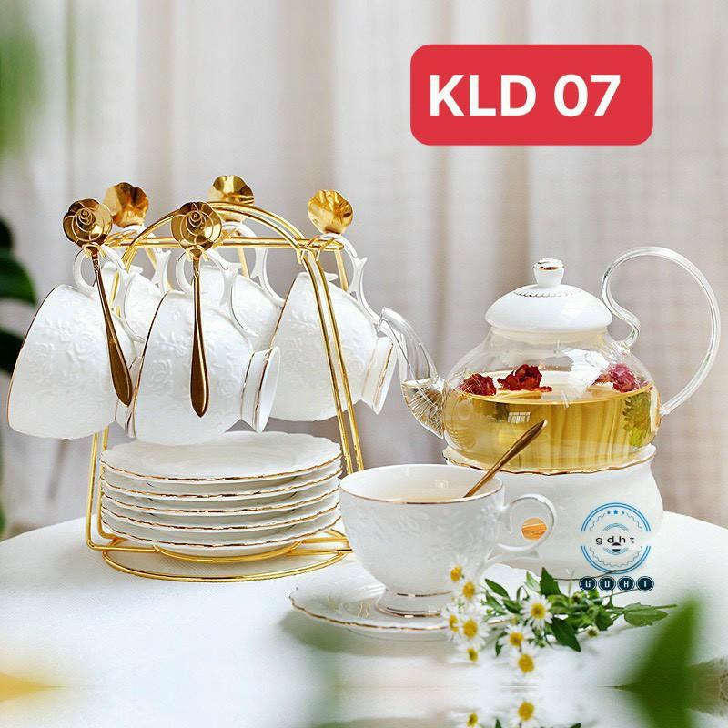 Bộ ấm chén sứ hoa hồng dập nổi kèm bếp trâm trà và khay viền vàng cao cấp