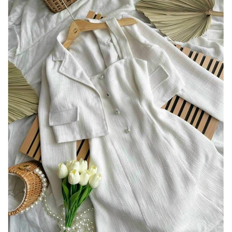 SET ĐẦM 2S DẠ BỐ + KHOÁC CROP ĐÍNH NÚT
