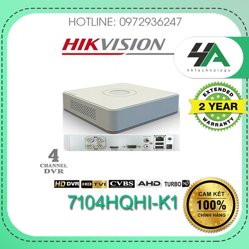 Đầu ghi hình TVI-IP 4 kênh  HIKVISION 7104HQHI-K1 (S), hỗ trợ cam liền mic (hàng chính hãng Hikvision Việt Nam)