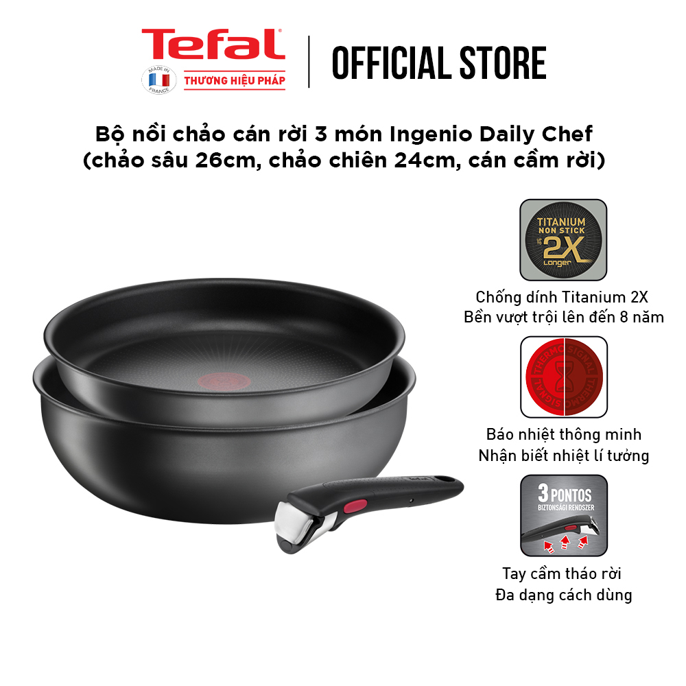 [Made in France] Bộ nồi chảo cán rời 3 món Tefal Ingenio Daily Chef (chảo sâu 26cm, chảo chiên 24cm, cán cầm rời) - Hàng chính hãng