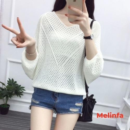 Áo len nữ mỏng cổ V cánh dơi dập lỗ len dệt kim mềm mịn co giãn mặc mùa hè mã VAA0315