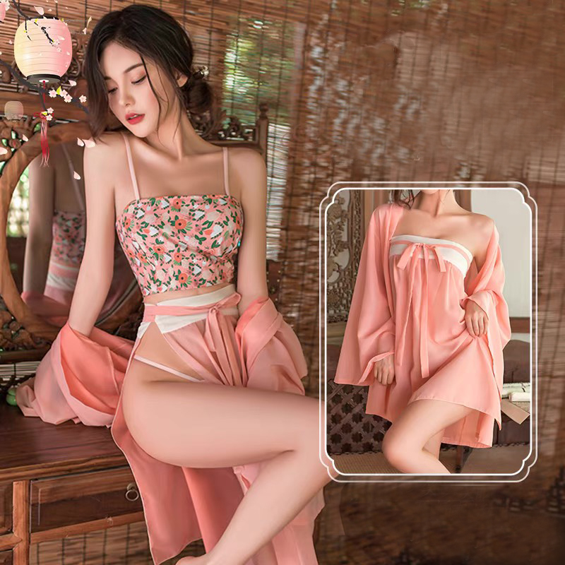 Váy ngủ cổ trang áo choàng phối áo croptop quần váy sexy P76 - Đầm ngủ cổ trang gợi cảm - Đồ ngủ nữ sexy