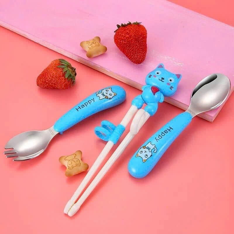Bộ Ăn Dặm Cho Bé 3 Món, Đũa Xỏ Ngón + Thìa + Dĩa, Dễ Cầm Chống Rơi, An Toàn, Màu Xanh/Hồng - HÀNG CHÍNH HÃNG MINIIN