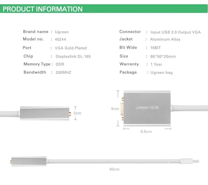 Ugreen UG4024440244TK 80CM Cáp chuyển USB 2.0 sang VGA cao cấp - HÀNG CHÍNH HÃNG