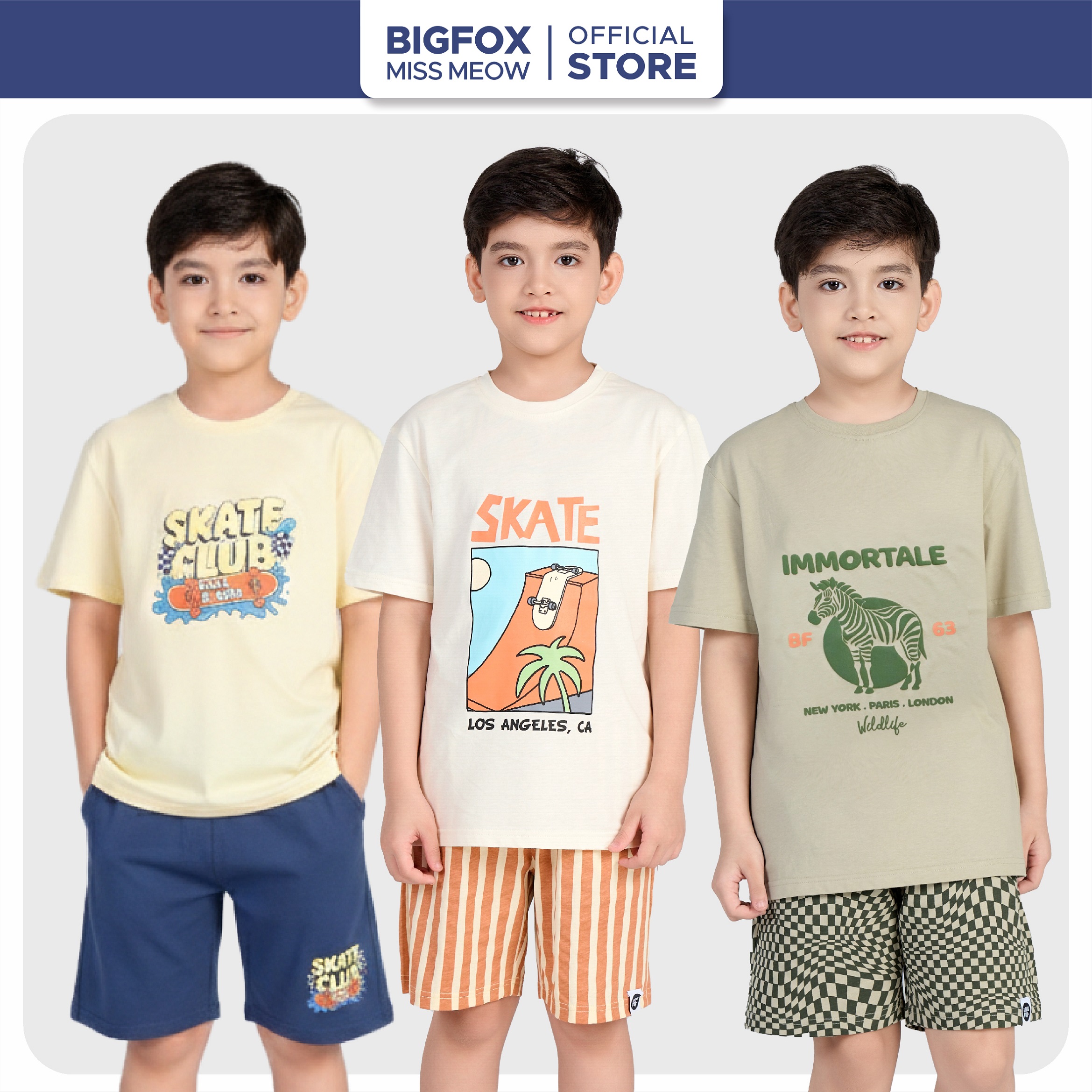 Áo thun cộc tay cho bé trai Bigfox Miss Meow size đại mùa hè vải cotton mềm cỡ trẻ em 3-11 tuổi 35kg