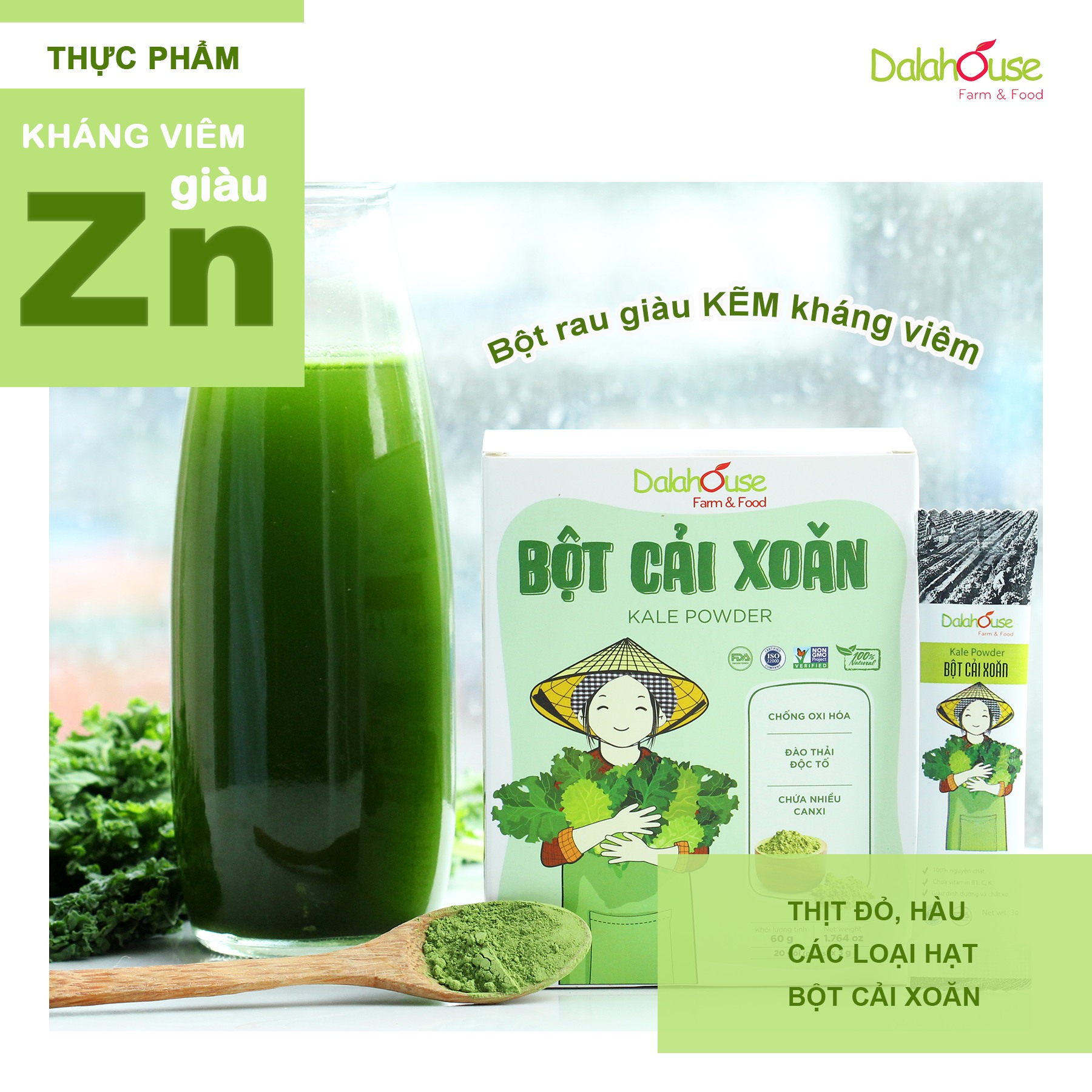 Bột cải Kale/Cải Xoăn hữu cơ nguyên chất sấy lạnh Dalahouse - Mẫu mới 2022 - Đào thải độc tố, chống ô xy hóa, bổ sung can xi hữu cơ cho cơ thể