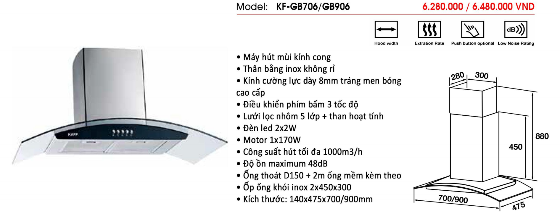 Máy hút khói, khử mùi kính cong KAFF KF-GB706 - Hàng chính hãng