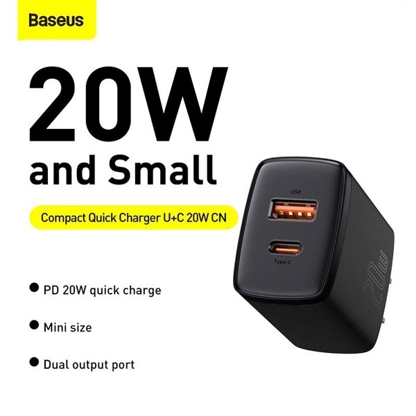 Adapter cóc củ sạc nhanh 20W đa năng USB A &amp;amp; PD Type C hiệu Baseus Compact Quick Charger chuẩn sạc nhanh PD 3.0 &amp;amp; QC 3.0, công nghệ tản nhiệt BCT, chân cắm US-UK - hàng nhập khẩu