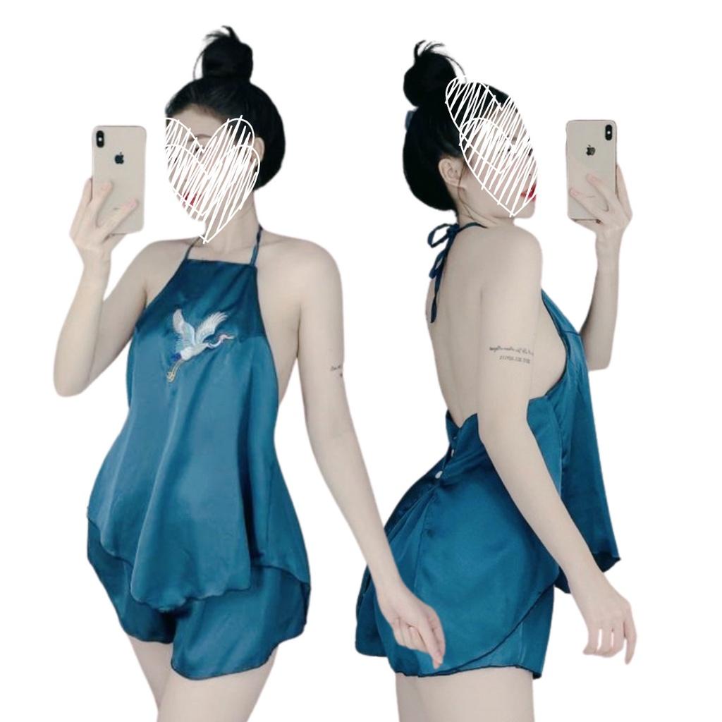 Đồ Bộ Ngủ Nữ lụa 2 Dây Thêu Hạc Sexy Quyến Rũ Vải Satin Cao Cấp Thoáng Mát, Sét Áo Kèm Quần Mặc Nhà Cổ Yếm G5