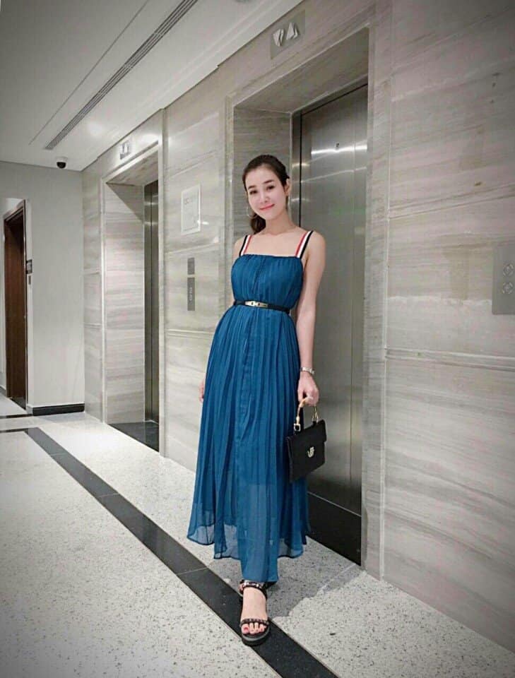 Đầm maxi voan xanh hai dây dập ly siêu xinh