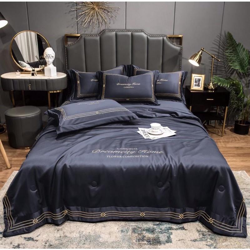 Bộ Chăn Trần Ga Và Gối Phi Lụa DreamCity Home Thêu 3 Sọc Tiện Lợi Cho Mùa Hè Thu ,Có Đủ Kích Thước Gường
